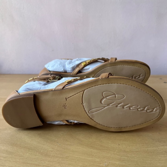 Guess Gladiator Brown Tan & Gold adornments hardware Flat Thong Sandals Zip back - Picture 5 of 16